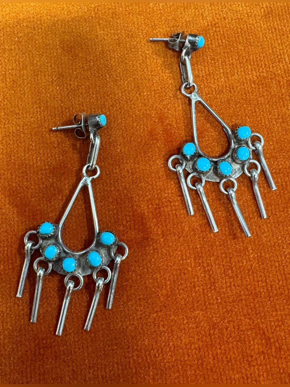 Vintage Zuni style turquoise earrings. Sterling silver. Drop earrings with posts